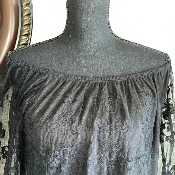 HALO Women’s Black Lace Fringe Sheer Floral Lined Boho 3/4 Sleeve Top Medium - Picture 8 of 16